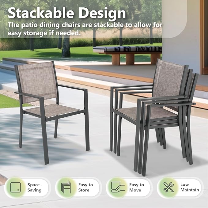 Patio Dining Chairs, All-Weather High-Resilience Textilene Outdoor Dining Chair Set of 2, Heavy-Duty Stackable Minimalist Outdoor Chairs with Armrest, Patio Chairs for Lawn Deck Pool, Brown