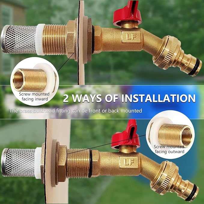 Hymnorq Rain Barrel Spigot Kit, Brass Outdoor Faucet Water Spigot for Water Barrel Bucket, Quarter Turn Ball Valve, with Bulkhead Fitting, Hose Connector Adaptor, Filter, Seal Tape