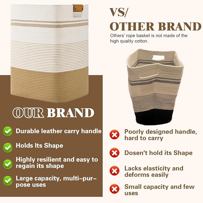Laundry Hamper, 105L Tall Laundry Basket with Leather Handles, Rectangle Large Clothes Hamper for Organizing, Cotton Woven Laundry Baskets Storage Hampers for Bedroom, Nursery, Living Room