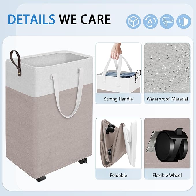 HomeHacks 75L Rolling Laundry Basket with 4 Wheels Collapsible Khaki | 4 Wheels, Waterproof PEVA Lining, Cotton Flax Fabric, Metal Frame, Bathroom Laundry Room Dorm Storage, Space-Saving Design