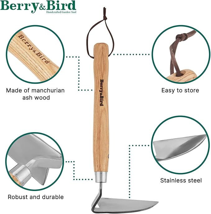 Berry&Bird Stainless Steel Bent Angle Gardening Sickle, Weed Scraper-Hoe with Ergonomic Ash Wood Handle, 12.67-Inch Blade for Weeding & Soil Loosening