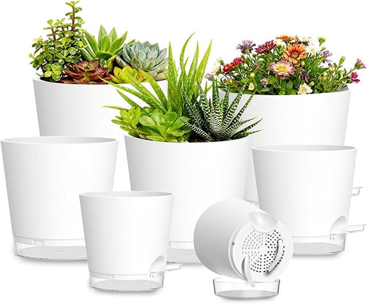 Plant Pots 4/5/5.5/6/6.5/7/8 Inch Self Watering Pots, 7 Pack Plastic Planters with Drainage Holes and Clear Saucers,Plastic Flower Pots,Nursery Planting Pot for Indoor Out Door Plants(White)