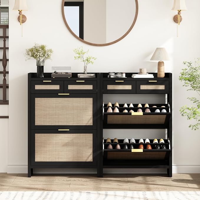 HOKYHOKY Rattan Shoe Storage Cabinet with 2 Drawers & 2 Flip Drawers