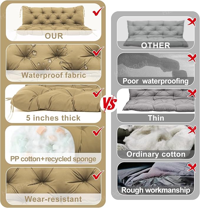 Premium 5" Thick Waterproof Outdoor Swing Cushions 3 Seater Sturdy Durable Porch Cushions 58 inch with Backrest&Ties Swing Cushions for Outdoor Furniture Backyard (Khaki, 58x40x5inches)