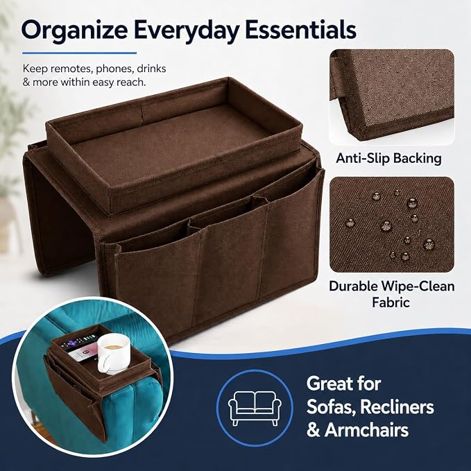 Dependable Industries inc. Essentials Sofa Armrest Table TV Remote Control Organizer Caddy Holder, Drapes Over Sofa Arm 5 Pocket Non-Slip Bottom (Brown)