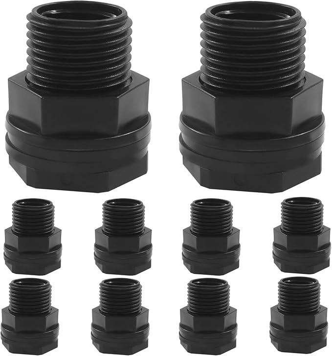 BokWin 10 Pack Garden Hose Bulkhead Fitting, Double Threaded Bulkhead Tank Fitting, 1/2 Inch Female NPT x 3/4 Inch Male Threaded Connector, Black, for Rain Barrels, Aquariums, Tubs, Pools, Spigot Use