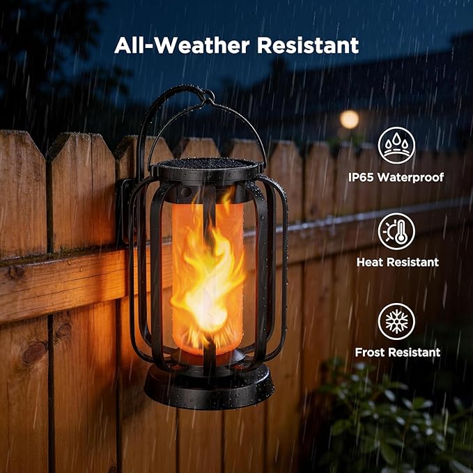 Hompavo Gen2 Solar Lanterns Outdoor Lights with Ultra-Real Flame, 2 Charging (USB/Solar) & 2 Modes - Waterproof Decorative Hanging/Table Lights for Pathway Yard Patio Garden Decor Gifts for Women, 2