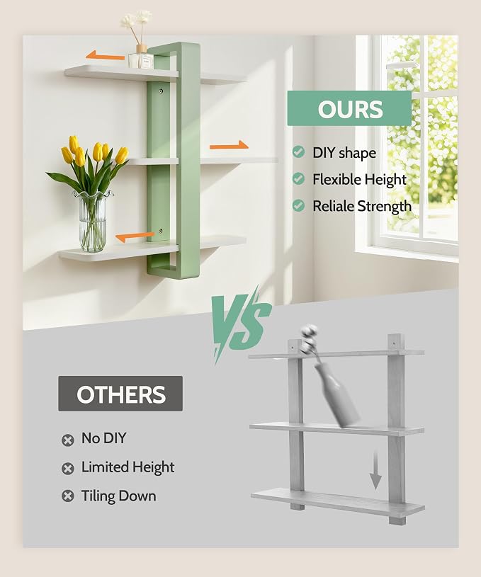 SUMGAR Floating Shelves for Wall Green, 3 Tier Adjustable Large Shelf Unit | 20 Inch All Pine Wood, Decorative Shleving, Plants Photos Display, for Living Room, Bedroom, Office, Bathroom