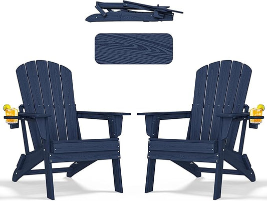 nevilywood HDPE Folding Adirondack Chair Set of 2,Waterproof All-Weather Outdoor Design with Cup Holder,Suitable for Fire Pit, Patio & Beach, Navyblue