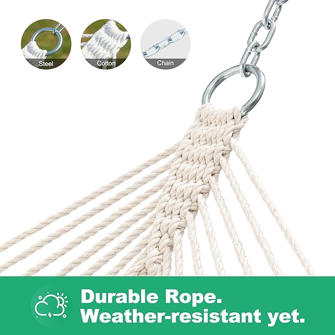 Gafete Single Rope Hammocks for Outside, Traditional Hand Woven Cotton Hammock with Hardwood Spreader Bar, Max 450 lbs Capacity (Natural Beige, Small)