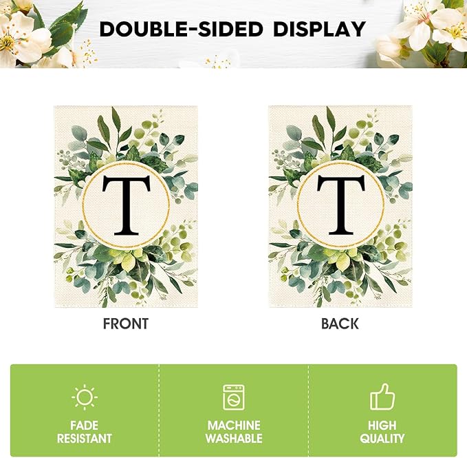 AVOIN colorlife Monogram Letter T Floral Garden Flag 12x18 Inch Double Sided Outside, Family Last Name Initial Yard Outdoor Decoration