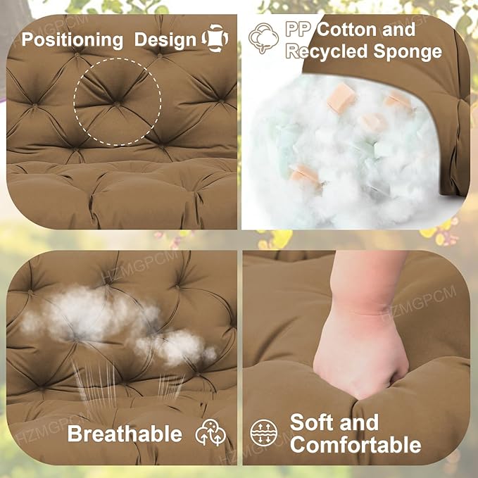Premium 5" Thick Waterproof Porch Swing Cushions 58 inch Sturdy Durable Outdoor Swing Cushions 3 Seater Replacement with Backrest&Ties Bench Cushion for Outdoor Furniture Backyard Patio