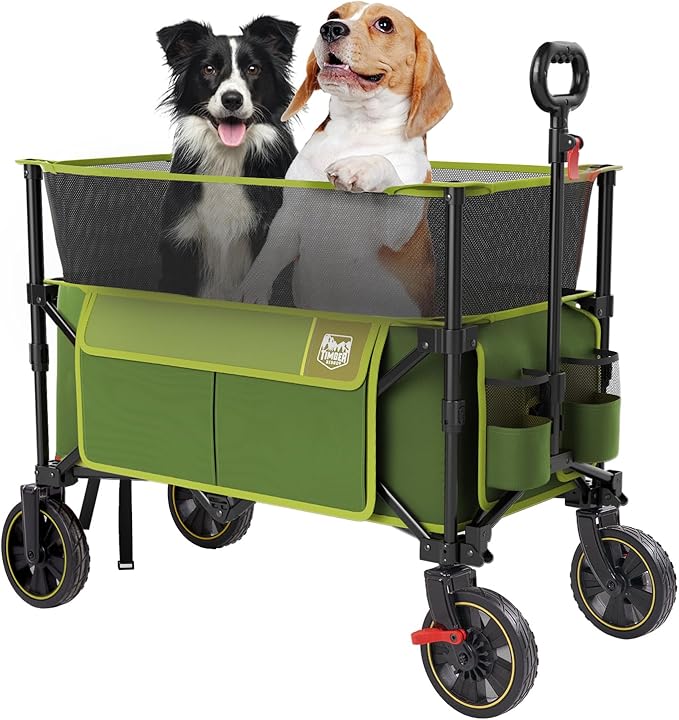 Timber Ridge Collapsible Folding Wagon 350L Extra Large with Brake, Heavy Duty Camping Utility Cart Outdoor, Extended Height Adjustable Handle, Cup Holders, Side Bag, Green
