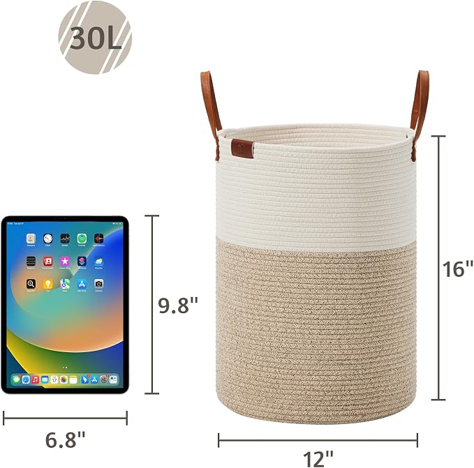 VIPOSCO 30L Small Woven Rope Laundry Hamper, Leather Handles, White & Brown | Baby Wicker Laundry Basket for Clothes, Blankets, Kids Toys, Towels, Storage Bin in Nursery, Bedroom, Bathroom, Living Room