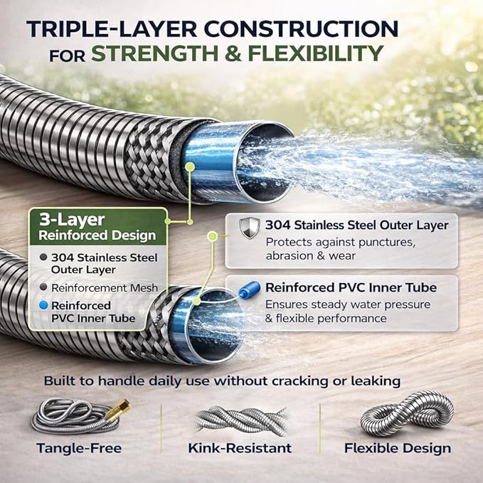 Short Metal Garden Hose 5 ft – 304 Stainless Steel Water Hose Leader, Flexible Hose Extension, Small Lightweight Hose Extender,No Kink Outdoor Hose (5 ft)