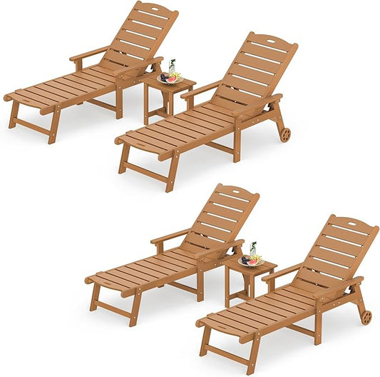 LUE BONA Chaise Lounge Chair with Table, 6-Piece, HDPS Chaise Lounger, 5 Positions Adjustable Lounge Chairs, Pool Lounge Chair with Wheels for Poolside, Backyard, Teak Color