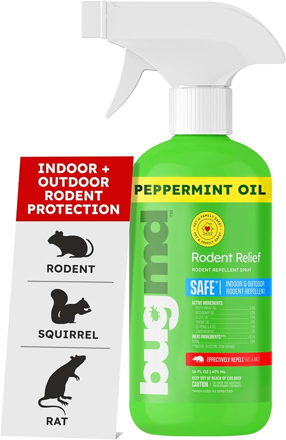 BugMD Peppermint Spray for Rodents - Natural Mouse and Mice Repellent | With Cinnamon, Clove and Rosemary Oils, Safe for Indoor and Outdoor Use | 16oz