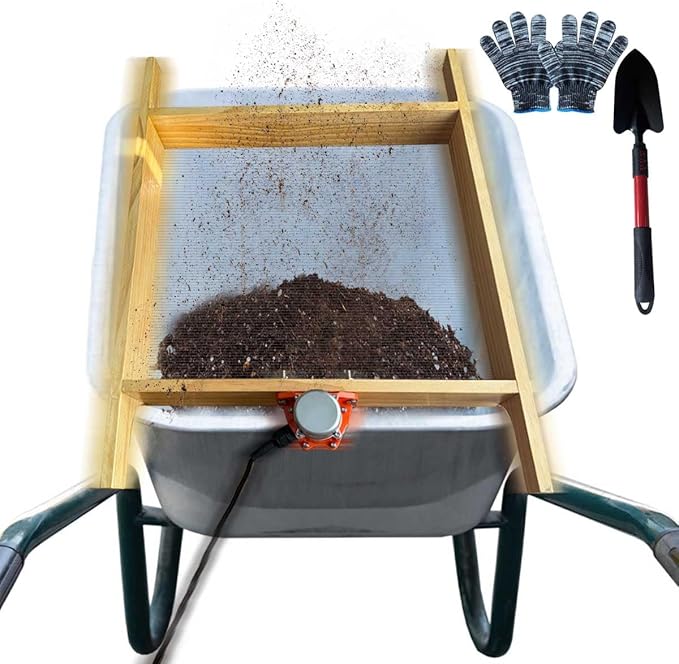 Vibrating Motor Soil Screen, Stainless Steel Mesh Sifter, Automatic Wooden Sifting Screen, Sieve for Sand Rocks Dirt Compost to Fit Most Garden Yard Wheelbarrow Carts