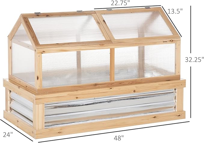 Raised Garden Bed with Polycarbonate Greenhouse, Wooden Garden Cold Frame Greenhouse, Flower Planter Protection, 48" x 24" x 32", Natural