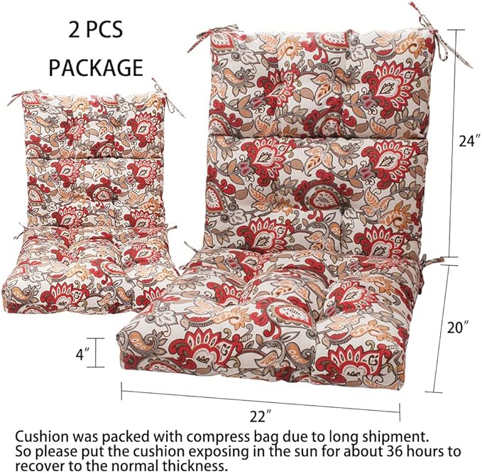 Magpie Fabrics Indoor/Outdoor Tufted High Back Chair Cushion Set of 2, Waterproof Deep Seating Rocking Chair Outdoor Chaise Lounge Sun Lounger Chair Cushions(Botanical Red Orange)
