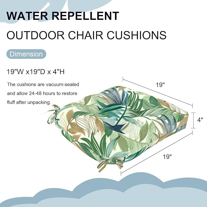 DYTXIII Set of 2 Outdoor Chair Cushions 19"x19"x4", Water Repellent Tufted Patio Seat Cushions with Ties, Thick Replacement Pads for Wicker Dining Chairs, Patio Furniture, Lush Leaf Green