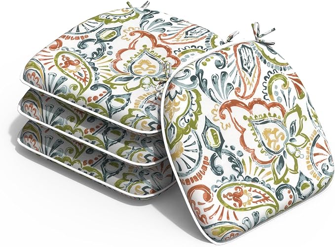 Outdoor 16"x17" Chair Pads Set of 4, Water Resistant Patio Chair Cushions with Ties, Seat Cushions for Home Garden Furniture Decoration, Paisley Botanical