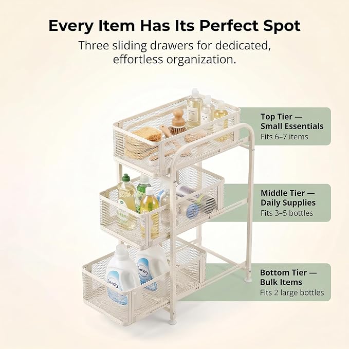 PureBox 3 Tier Under Sink Organizer, Pull Out Cabinet Storage Organizer with Sliding Mesh Drawers, Heavy Duty Metal Under Sink Storage for Kitchen, Bathroom, Cabinet, Small Space, White, 1 Pack