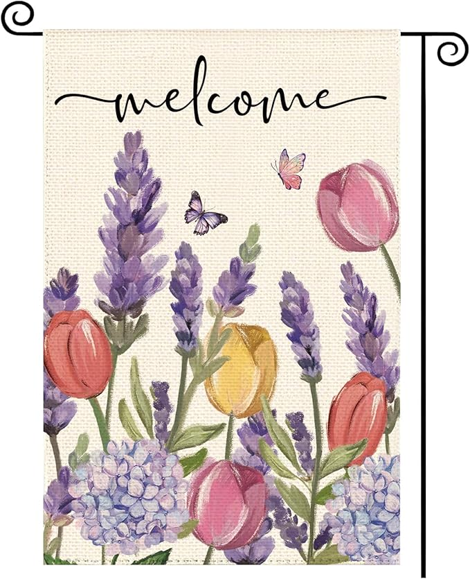 Spring Summer Tulips Hydrangeas Welcome Garden Flag 12 x 18 Inch Double Sided, Lavender Floral Butterflies Burlap Small Yard Flag Holiday Farmhouse Flags for Patio Outdoor Outside Decoration