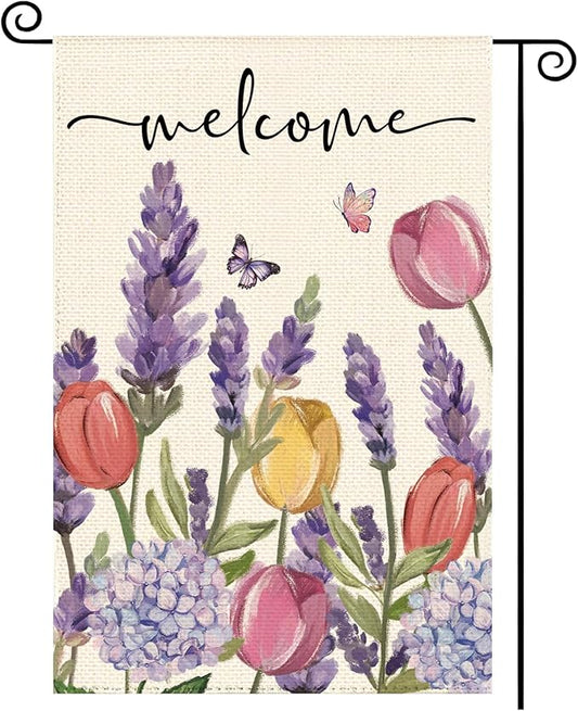 Spring Summer Tulips Hydrangeas Welcome Garden Flag 12 x 18 Inch Double Sided, Lavender Floral Butterflies Burlap Small Yard Flag Holiday Farmhouse Flags for Patio Outdoor Outside Decoration