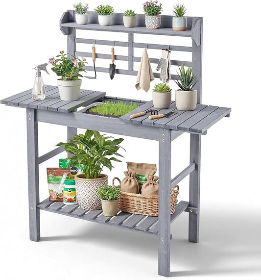VEVOR Potting Bench Table, Outdoor Gardening Workstation with Sink, 37-55in Adjustable Wood Tabletop, Garden Work Station with Storage Shelves, Hooks for Patio, Backyard, Classic Grey
