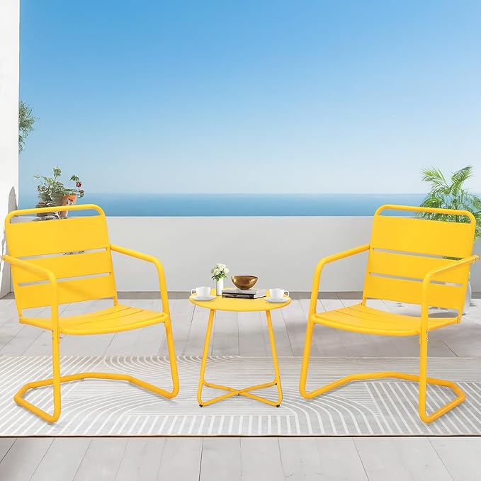MELLCOM Patio Chairs Set of 2, Small Patio Furniture Set - 2 C-Spring Metal Chairs, Outdoor Bistro Set for Balcony, Front Porch, Poolside, Garden, Deck, Yellow