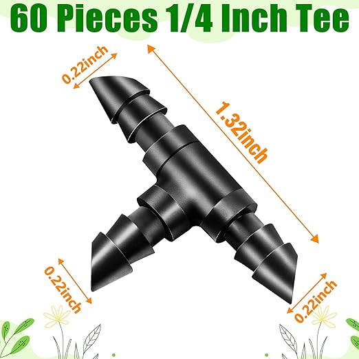 60 Pack Drip Irrigation 1/4" Barbed Tee Fittings, Drip Line Barbed T Connectors for 1/4 Inch Irrigation Tubing Micro Irrigation Connection Parts for Garden Sprinkler Systems