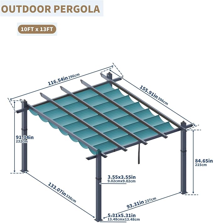 KYBOLT 10x13 Ft Aluminum Pergola with Retractable Canopy Metal Gazebo for Garden Backyard Deck Porch Grape Trellis(Blue)