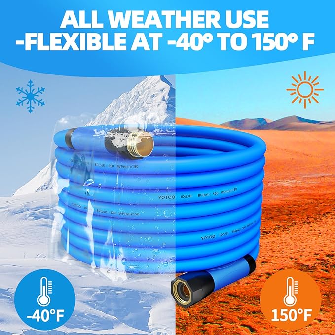 YOTOO Heavy Duty Hybrid Short Water Hose 5/8"x 3',150 PSI Garden Hose, Kink Resistant, Flexible with Swivel Grip Handle 3/4" GHT Solid Brass Fitting for Watering Plants, Backyard, Reel, Blue