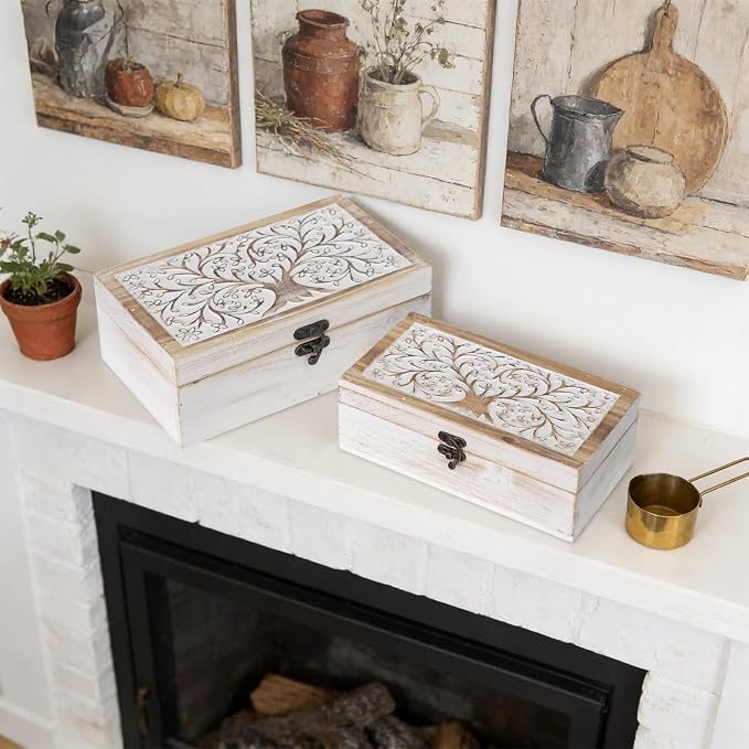 2 Piece Tree of Life Carved Wooden Keepsake Boxes with Lids, Decorative Storage Boxes for Home Decor, Trinket Box for Jewelry and Memorabilia