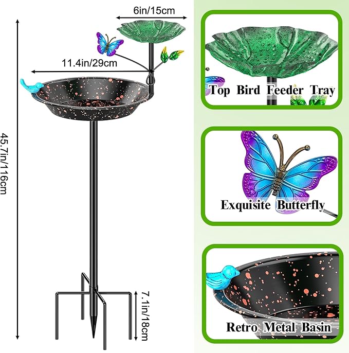 Metal Bird Bath for Outside Garden Birdbath Bowl, Freestanding Bird Feeders for Outdoors with 5 Prongs Base Stake, Standing Birdfeeders Birdbath Bowl for Yard Decor(Black-2-in-1-Butterfly)
