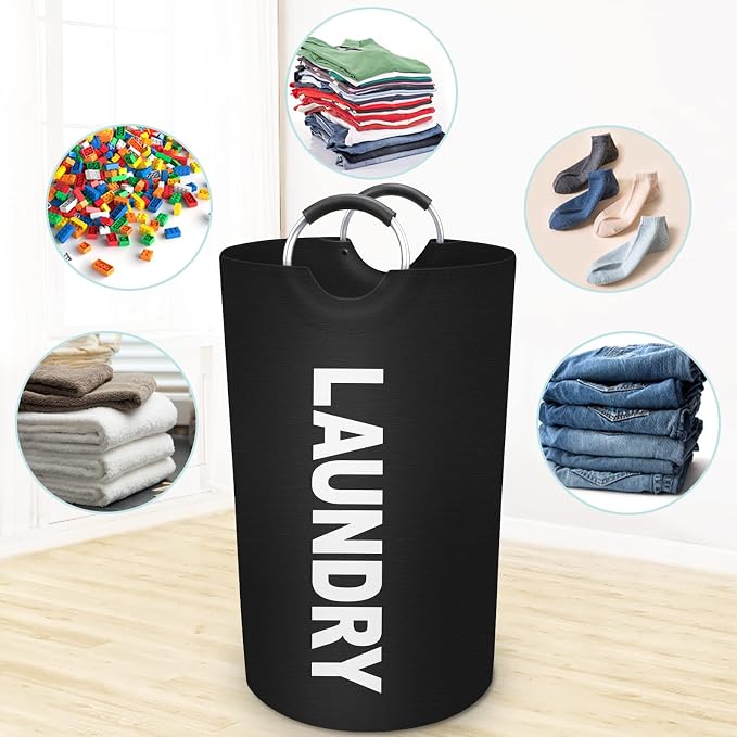 90L Large Laundry Basket, Dirty Clothes Waterproof Laundry Hamper, Black | Collapsible Laundry Basket with Foam Protected Aluminum Handles for Laundry Dorm Family, Black Dirty Clothes Hamper