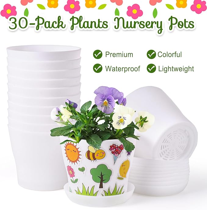 30 Pack Garden Plastic Pot Craft Kit DIY Flower Plant Crafts Nursery Pots Flower Planting Growing Kit for Mother's Day Spring Summer Home Classroom School Creative DIY Art Project Activities