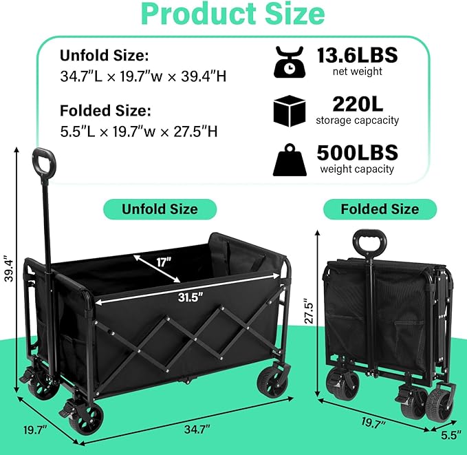 Folding Wagon Cart with All-Terrain Wheels – Heavy Duty Collapsible Utility Wagon for Grocery, Sports, Garden, Camping, Shopping (Black 500LBS)