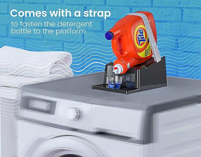 Liquid Laundry Detergent Holder Stand with Drip Tray - 1 Pack - Black | Easy Pouring, Rubber Feet, Secure Strap, Angled Stand, Fabric Softener Dispenser for Laundry Room Organization & Storage