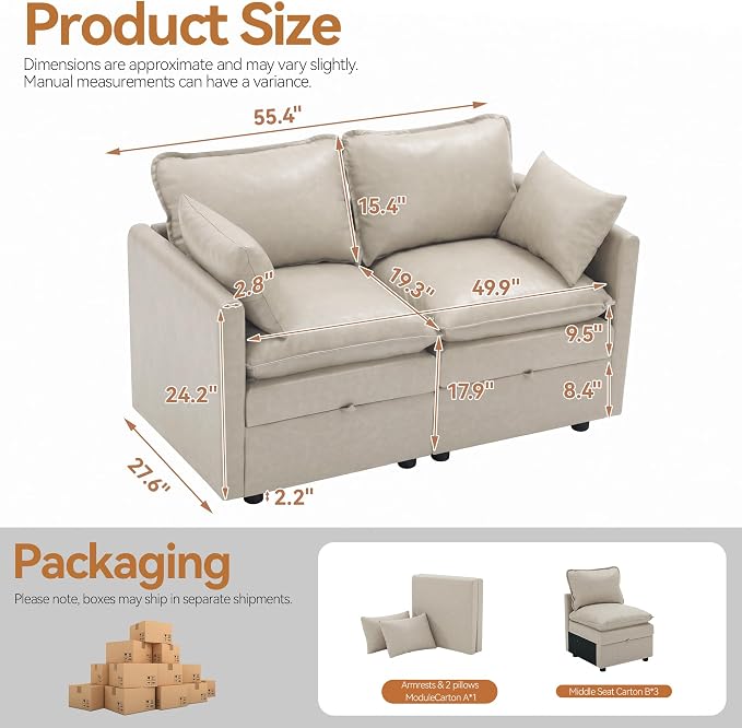 50" Storage Loveseat Modular Sofa Faux Leather 2-Seat for Apartment,Beige