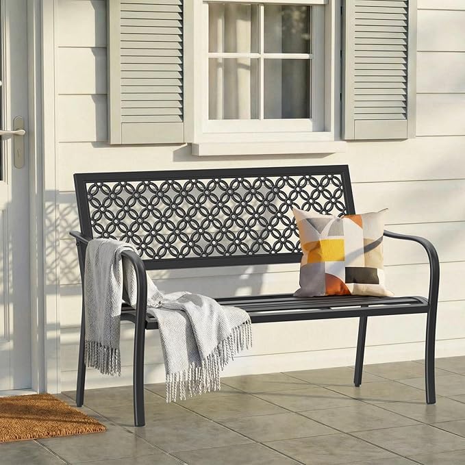 50" Outdoor Bench Weatherproof, 700 lbs Capacity Heavy Duty Garden Benches with Galvanized Metal Frame, Patio Bench with Floral Backrest, Patio Furniture for Porch, Park, Yard, Entryway, Black