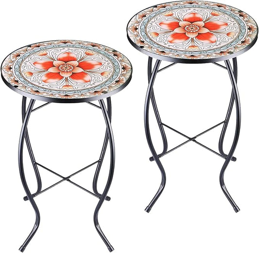 Arbuxzuy 2PCS 12 Inch Small Outdoor Side Table with Pink Flower, Glass Mosaic Patio Table Indoor, Round Plant Coffee Table for Living Room, Balcony, Garden