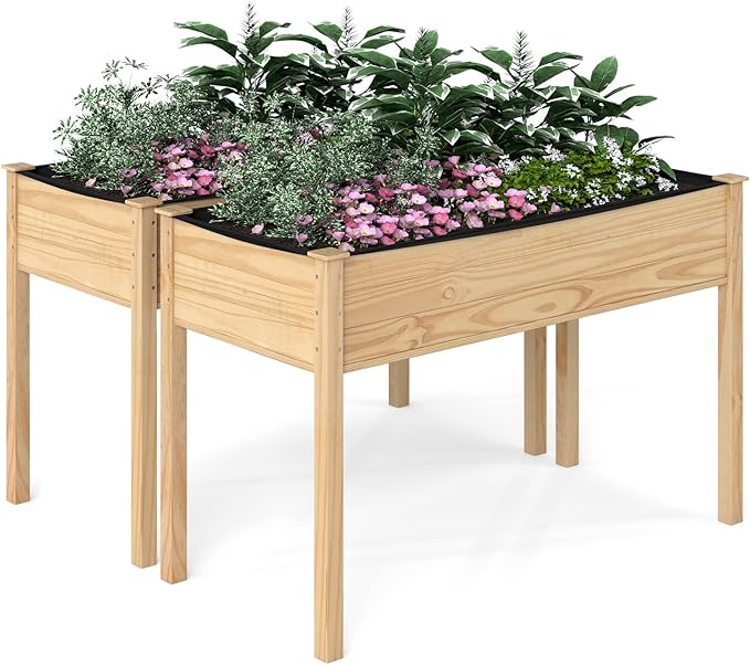 S AFSTAR 2 Pieces Wooden Raised Garden Bed with Legs, Planter Box with Liner & Drainage Holes for Vegetable Flower Herb, Indoor Outdoor Elevated Gardening Box for Backyard Patio Balcony