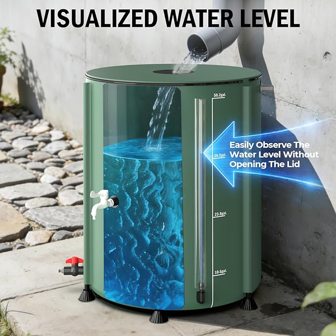 YAFF Collapsible Rain Barrel 53 Gallon Rainwater Collect System Water Storage Tank to Collect Rainwater from Gutter Downspout Water Catcher with Filter Spigot Overflow Kit for Garden, Lawn, Green