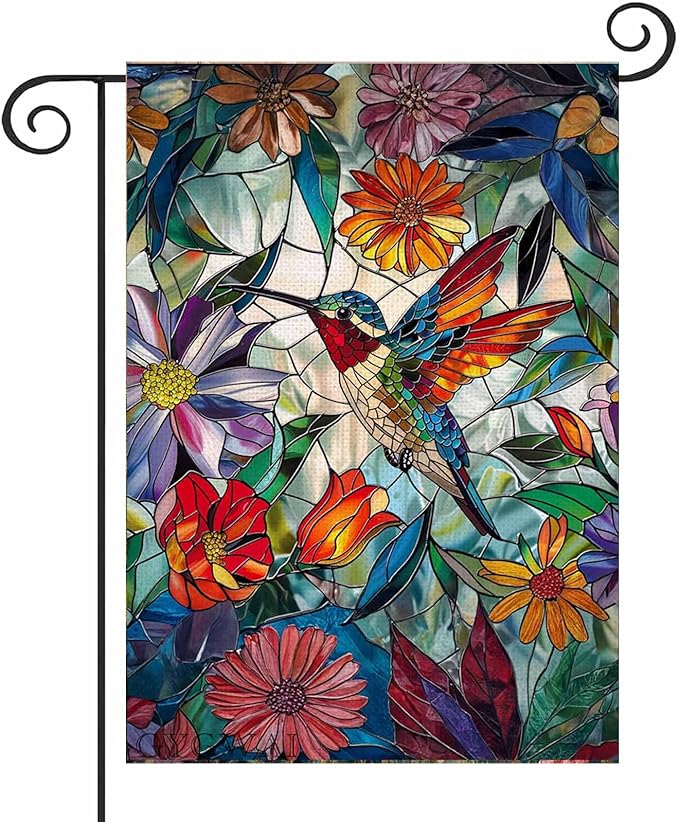 Stained Glass Spring Hummingbird Garden Flag 12x18 Inch Double Sided for Outside, Colorful Small Large Burlap Yard Flag for Summer Farmhouse Holiday Outdoor Decorations