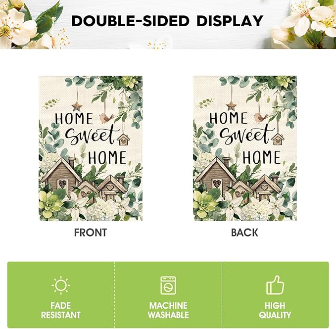 AVOIN colorlife Home Sweet Home Birdhouse Spring Floral Garden Flag 12x18 Inch Double Sided Outside, Eucalyptus Flowers Seasonal Yard Outdoor Flag