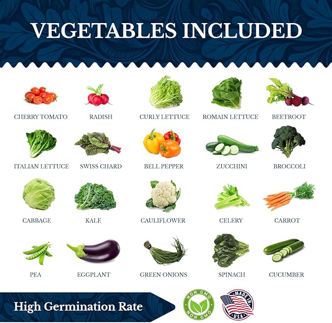 20 Vegetable Seeds Variety Pack - Complete Grow Kit Heirloom Vegetables Indoor Outdoors Vegetable Seeds, Tomatos, Broccoli, Carrots, Lettuce & More - DIY Starter Kit (Complete Starter Kit (w/Seeds))