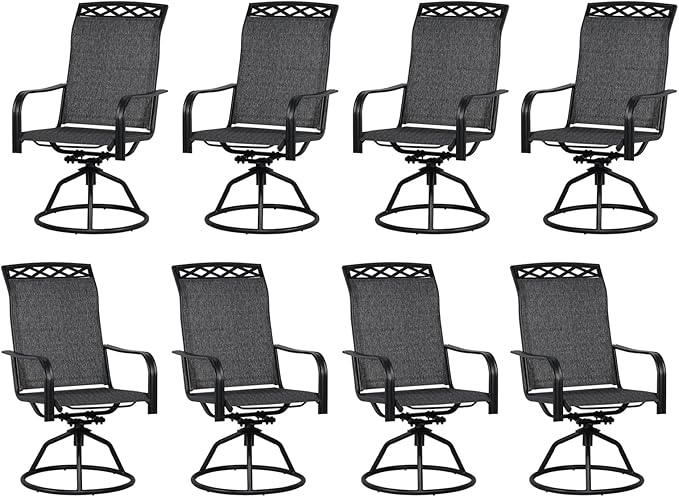 SHGJ&SOFT Patio Swivel Chairs, Waterproof Outdoor Dining Chairs with All-Weather Textilene Mesh for Deck, Garden, and Backyard (Patterned Backrest-Grey, Set of 8)