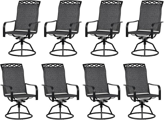 SHGJ&SOFT Patio Swivel Chairs, Waterproof Outdoor Dining Chairs with All-Weather Textilene Mesh for Deck, Garden, and Backyard (Patterned Backrest-Grey, Set of 8)